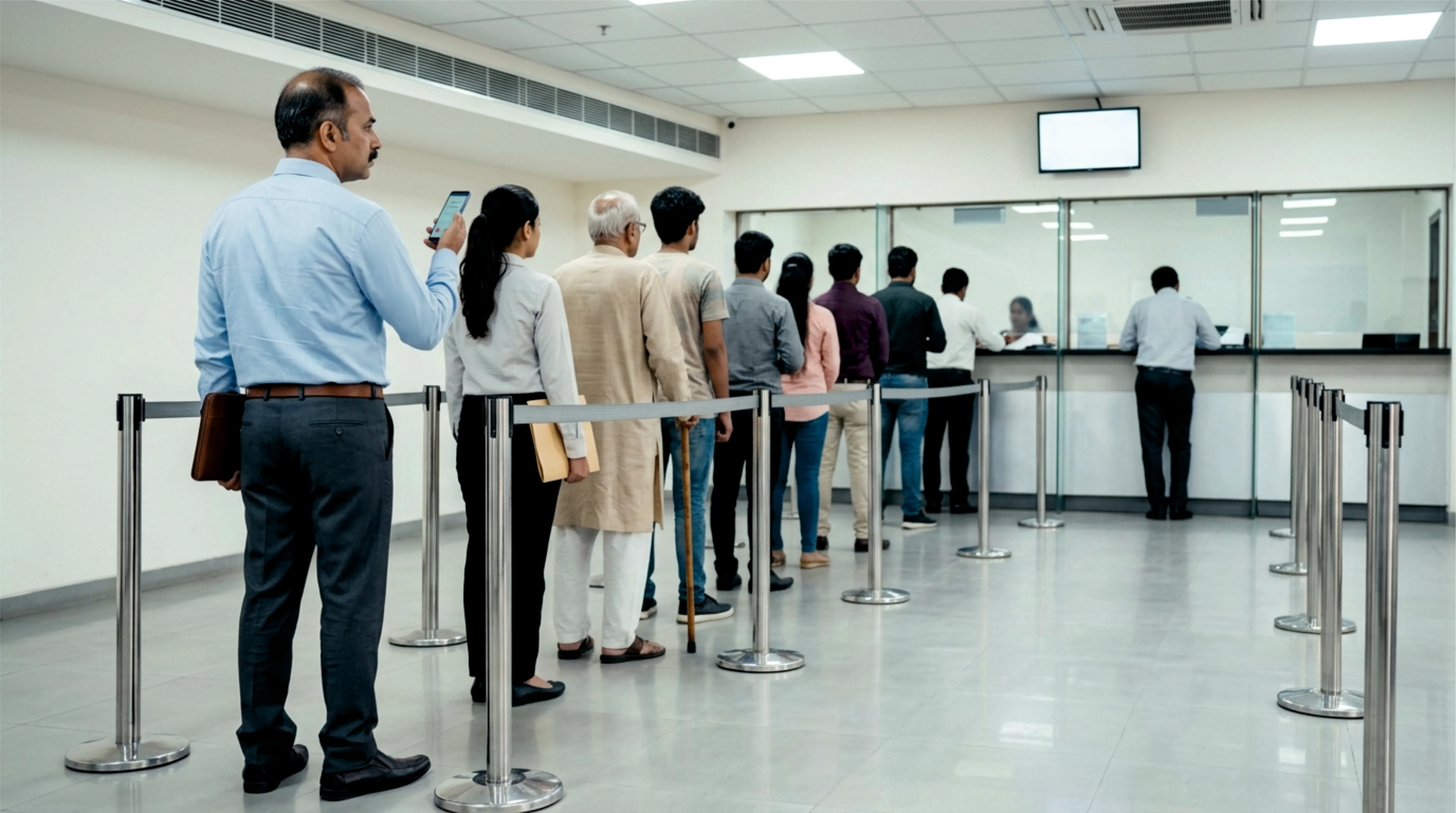 A long queue of customers at a bank teller counter.