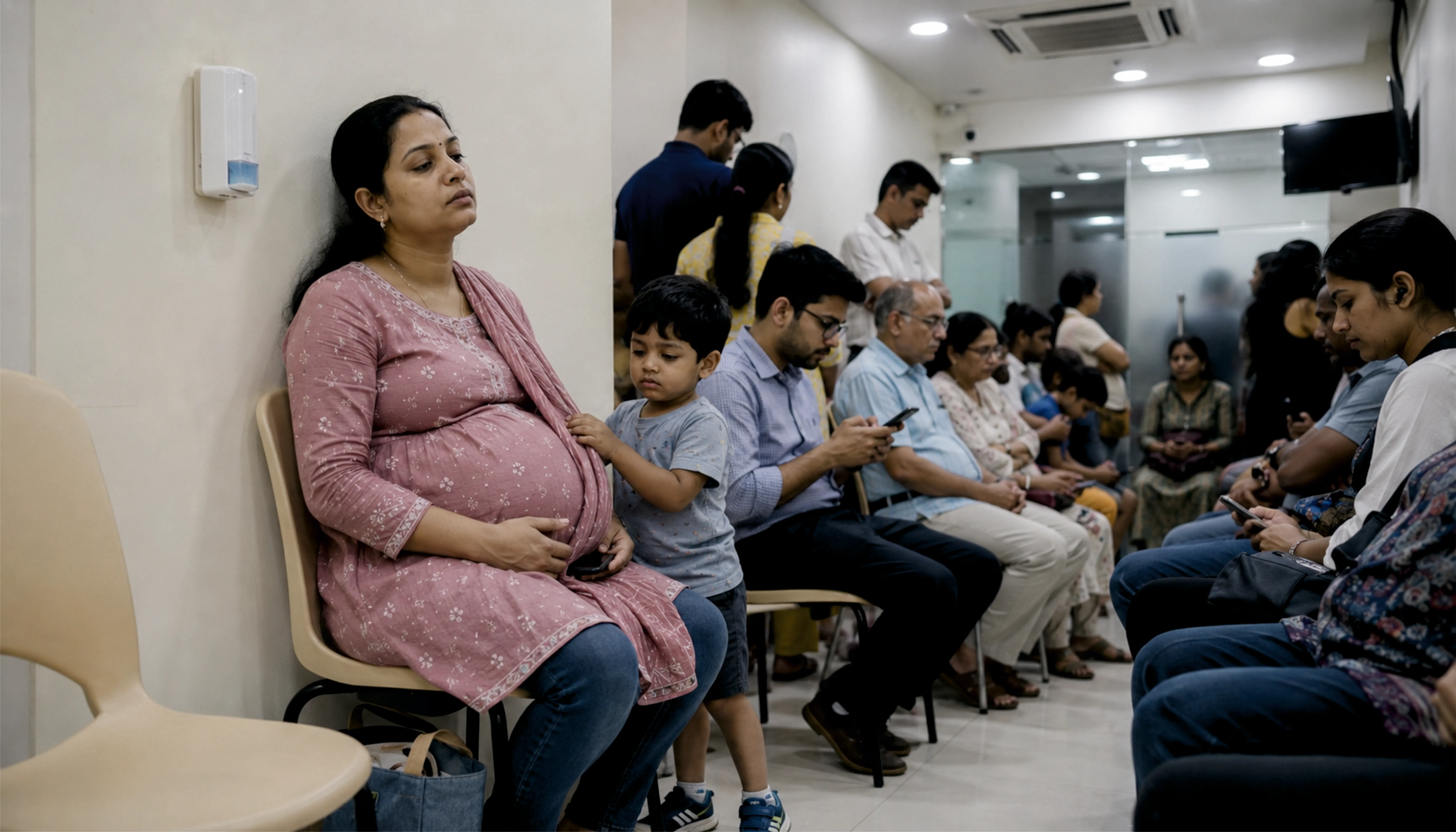 A pregnant woman sitting on a clinic bench, a small toddler beside her.