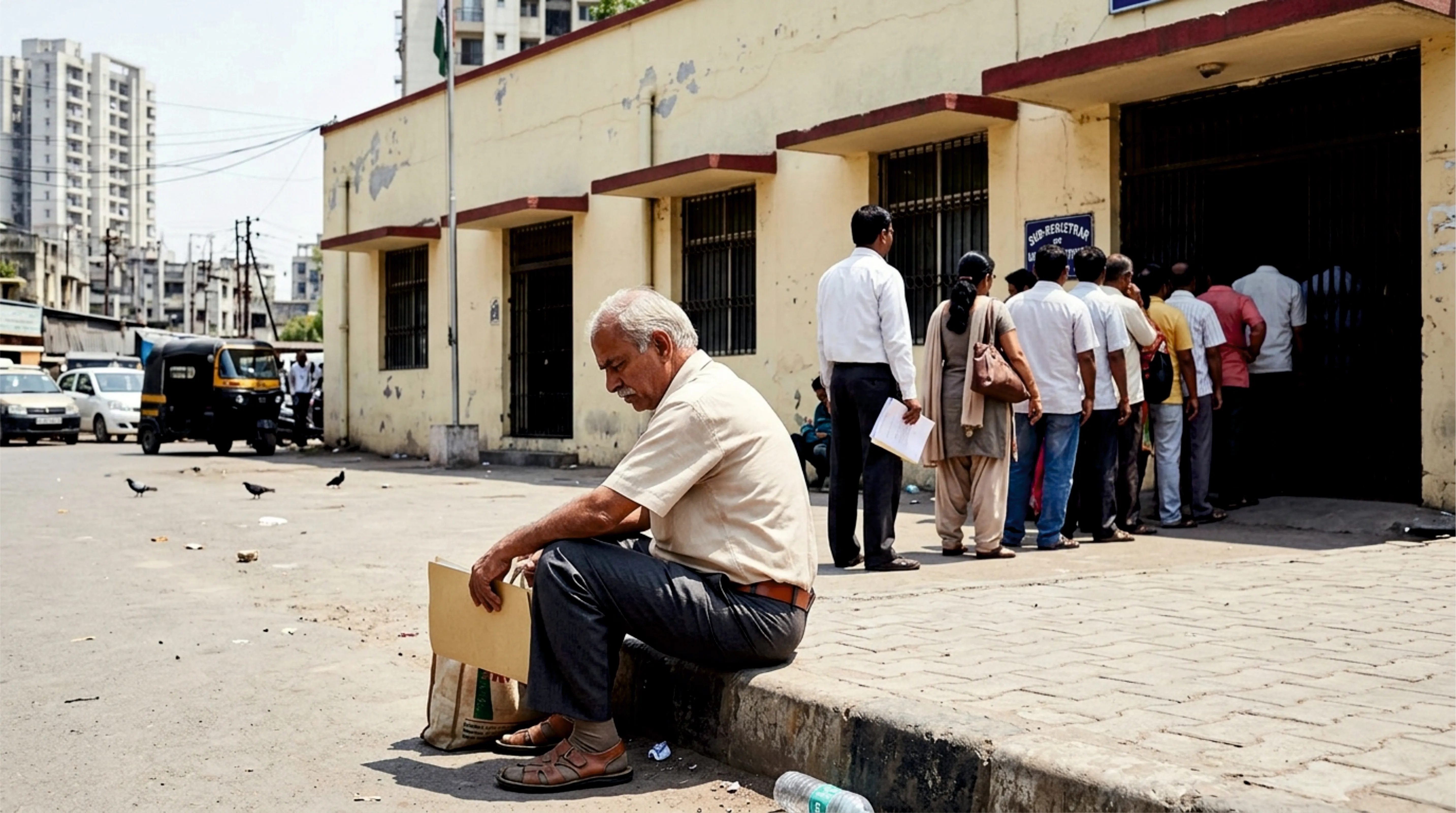 A long outdoor queue at a sub-registrar office under the sun.