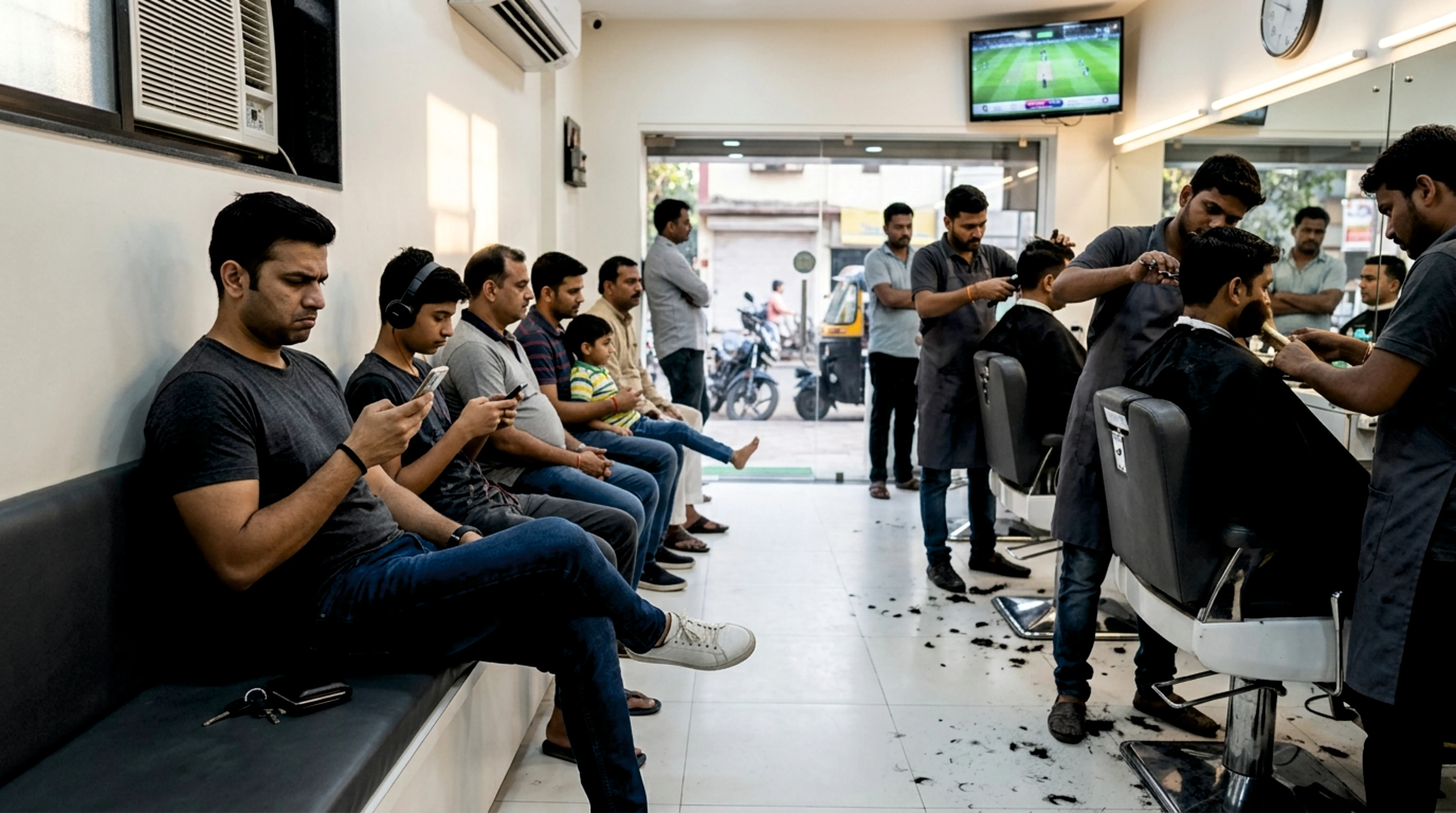 A three-chair salon with customers waiting on a bench at the side.