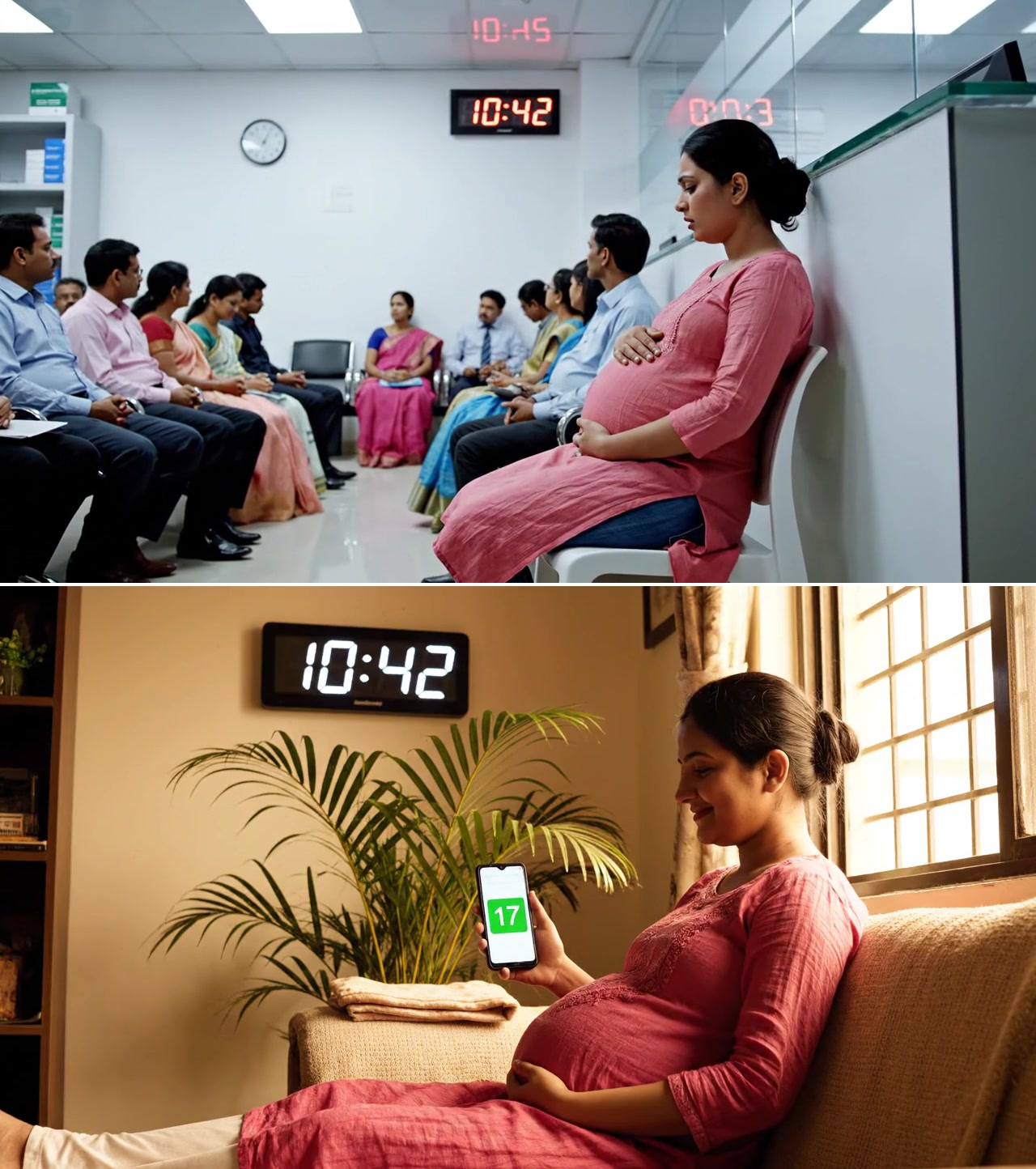 Top: a crowded clinic waiting room at 10:42 a.m. Bottom: the same woman at home on her sofa at 10:42 a.m., holding a phone that shows her token number 17.